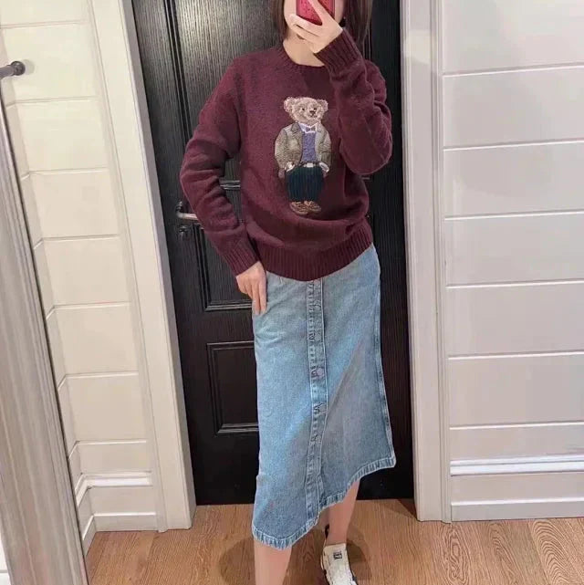 Burgundy Bear Knit Sweater